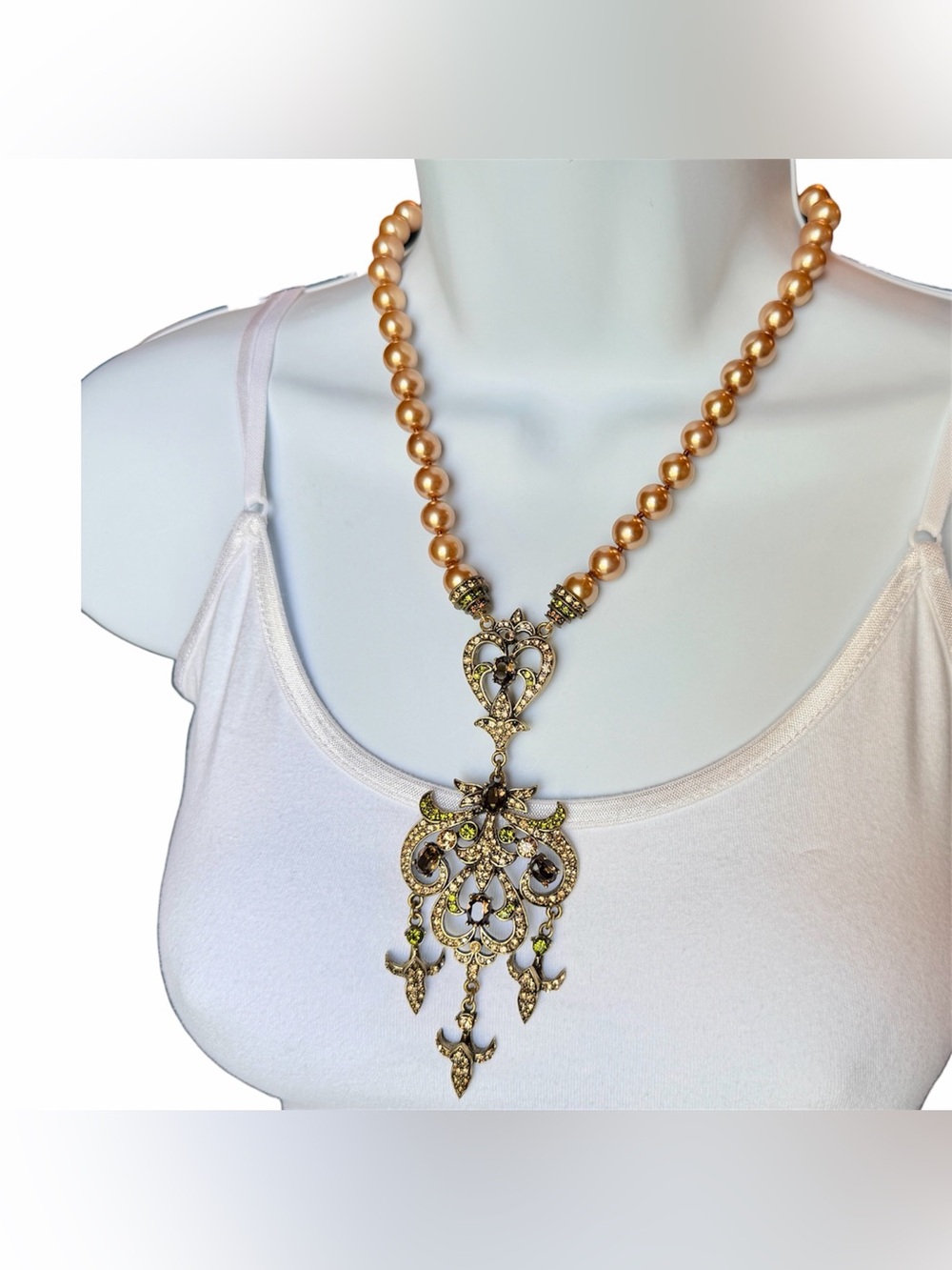 Heidi Daus Faux Pearl Necklace Smoky Topaz Crystal Pave Gothic Pendant 16”  Snap